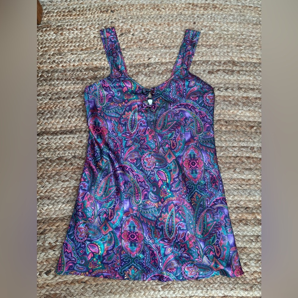 Vintage Adonna Medium Purple Paisley Y2K Slip Dress with Keyhole Cutout